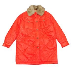 Aerie Quilted Puffer Coat Sz XS Orange Faux Fur Collar Sherpa Lined Knee Length